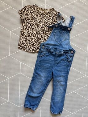 H&M|Baby girl/toddler boho set,Blue Denim Heart Pocket Overalls & leopard tee•3T